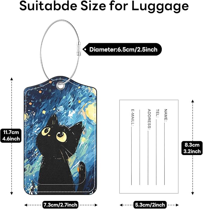 2 Pack PU Leather Luggage Tags for Suitcases, Privacy Protection Cover with Stainless Steel Loop and Address Card, Travel Cruise Essentials (Starry Sky Black Cat)