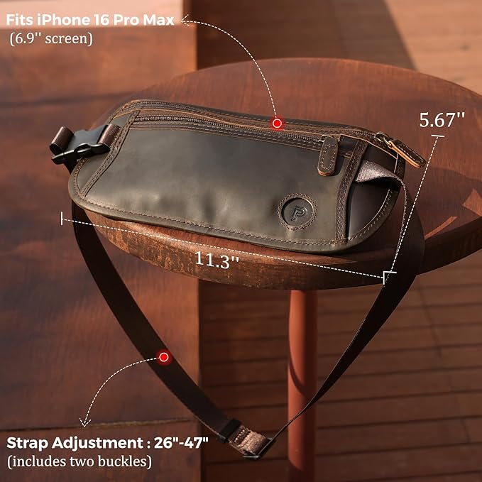 Polare Full Grain Leather Money Belt Hidden Passport Holder Wallet Travel Pouch with AirTag Slot Slim RFID Blocking Undercover Waist Bag