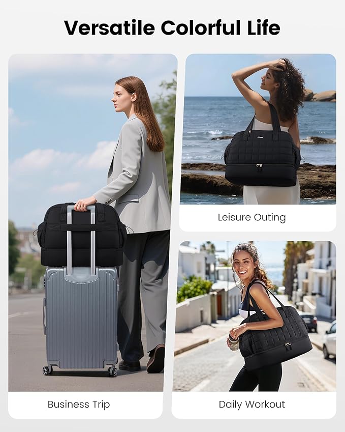 LOVEVOOK Large Travel Duffle Bag, Women's Weekender & Overnight Bag with Shoe Compartment, Airplane Carry On, Machine Washable, Lightweight, Utility Style, Black