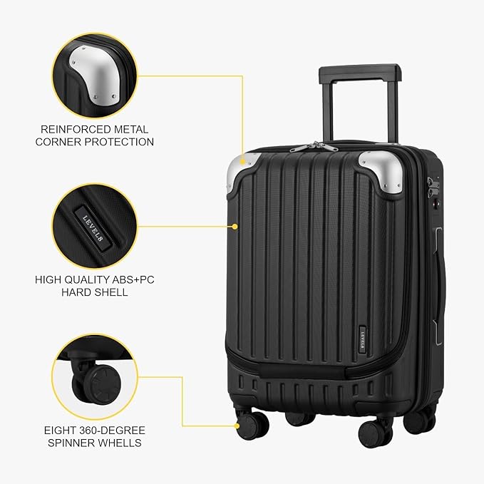 LEVEL8 Lightweight Carry-on Suitcase 20-Inch,Expandable 4 Wheel Hand Luggage, ABS+Poly-Carbonate Hardshell Spinner Trolley for Luggage with Double TSA-Approved Locks, Black, 37*24*55.5CM, Casual and