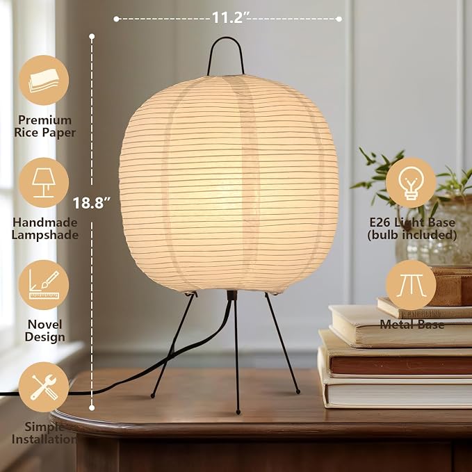 Rice Paper Lamp, Japanese Lantern Lamp for Wabi-Sabi Decor | 3 Color Temperature Bulb Included, Noguchi Paper Table Lamp for Bedroom, Living Room and Beisde, Cozy Ambiance