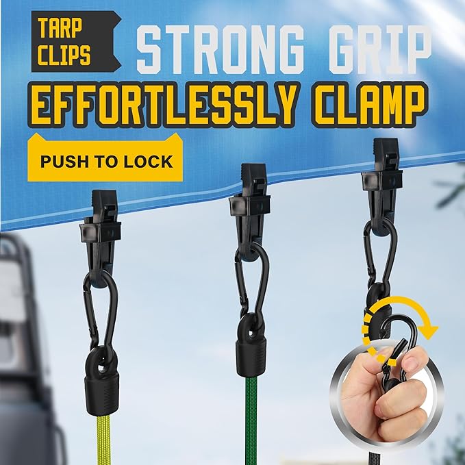 Bungee Cords with Hooks, Upgrade 30pcs Assortment Heavy Duty Outdoor with 24'' 32'' 48'' Adjustable Bungee Cords, 10'' J Hooks Cord, 6" Canopy Tarp Ball Ties and Tarp Clips Drawstring Organizer Bag