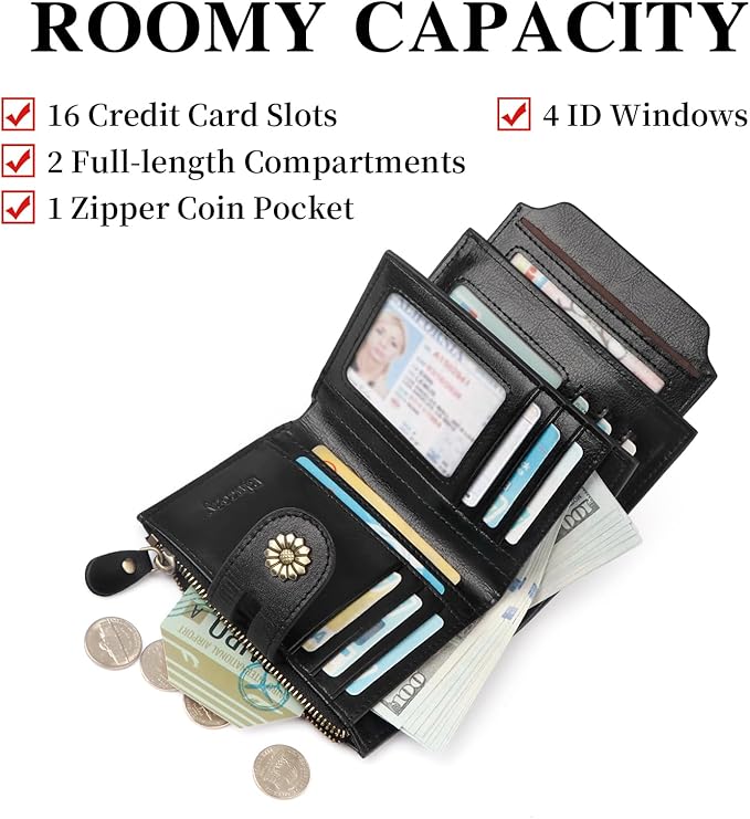 Wallet Women,RFID Blocking Leather Womens Wallet Bifold Compact Card Holder Small Wallet for Women with Removable ID Window Black