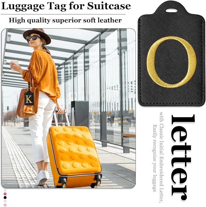 Personalized Initial Luggage Tags for Suitcases,Leather Letter Cute Luggage Tags with Privacy Name Card,Embroidered Monogrammed Travel Bag Backpack Tag Gifts for Women Kids Girls Teens(Black-O)