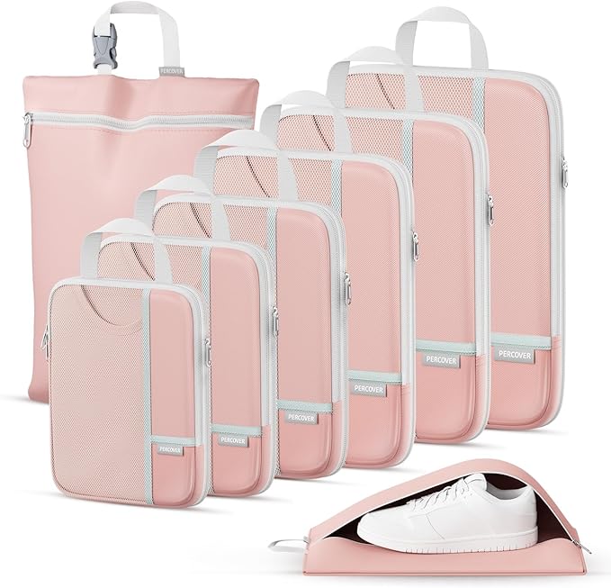 Percover Compression Packing Cubes 8-Piece Set, Packing Cubes Compression for Travel with Laundry Bag & Shoe Bag, Travel Organizer for Carry On & Checked Luggage, Pink