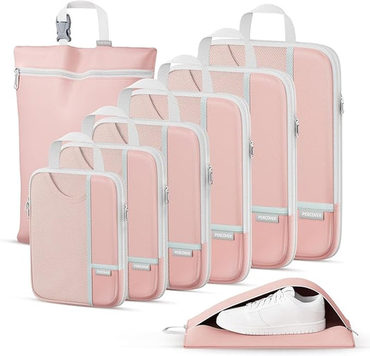 Percover Compression Packing Cubes 8-Piece Set, Packing Cubes Compression for Travel with Laundry Bag & Shoe Bag, Travel Organizer for Carry On & Checked Luggage, Pink