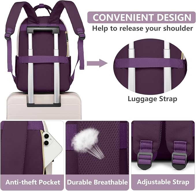 Laptop Backpack for Women Work Bag - 15.6 inch Travel Backpack Purse with USB Charger College Bookbag Waterproof Cute Casual Daypack Fashion Business Computer Backpacks for Teacher Nurse Dark Purple