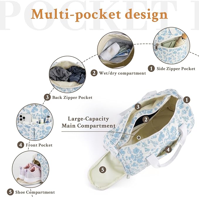2PCS Cute Gym Bag for Girls, Corduroy Duffle Bag with Wet Pocket & Shoe Compartment and item bag, Duffle Bag for Travel, Sports, Fitness & Workout