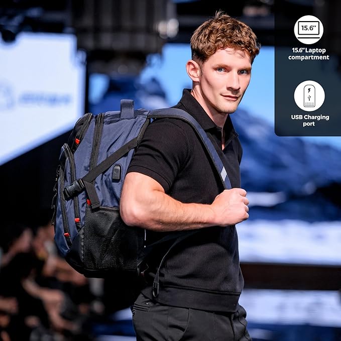Swissdigital Design Laptop Backpack with USB Charging Port, Travel Backpack Fits 15.6 inches Computer, 31L College School Backpack for Men, Blue/Black | SD803-12 | Water Repellent