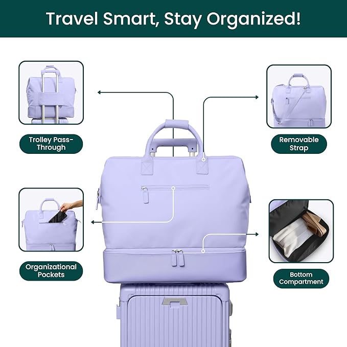 NOBL Travel Weekender Bag for Women & Men, Large Duffel Carry-On Tote with Trolley Sleeve, Separate Shoe Compartment & Laptop Pocket, Leather Overnight Bag for Airplane, Gym, Road Trips - Lavender