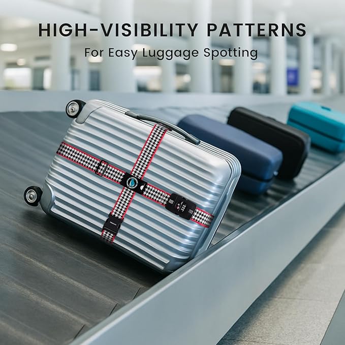 Travelkin Luggage Straps TSA Approved - Adjustable Cross Suitcase Straps with TSA Lock, Reinforced Buckle, Unique Pattern - Secure Heavy Duty Luggage Straps for Travel (Houndstooth)