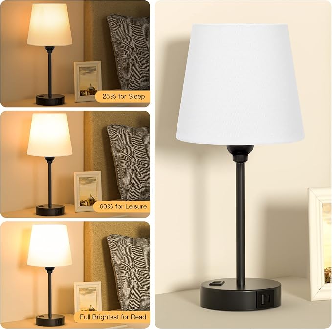 White Bedside Lamps Set 2 for Bedroom - Dimmable Touch, USB C+A, AC Outlet | 14.5" Mini Lamp, 3-Way Dimmable, LED Bulbs Included, White Barrel Fabric Lampshade, Nightstand Light for Guest Room, Kids