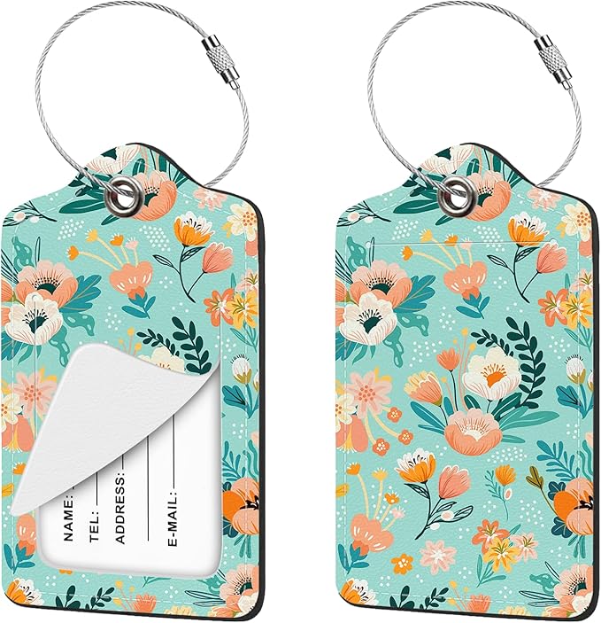 2 Pcs Luggage Tag for Suitcases, Floral Flower Cute PU Leather Suitcase Tag Privacy Cover ID Label with Metal Loop, Personalized Baggage Identifier for Women Cruise Bag Travel Essentials