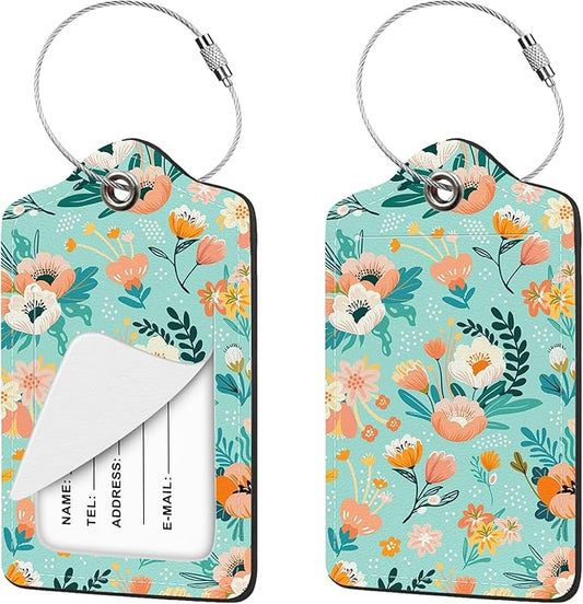 2 Pcs Luggage Tag for Suitcases, Floral Flower Cute PU Leather Suitcase Tag Privacy Cover ID Label with Metal Loop, Personalized Baggage Identifier for Women Cruise Bag Travel Essentials