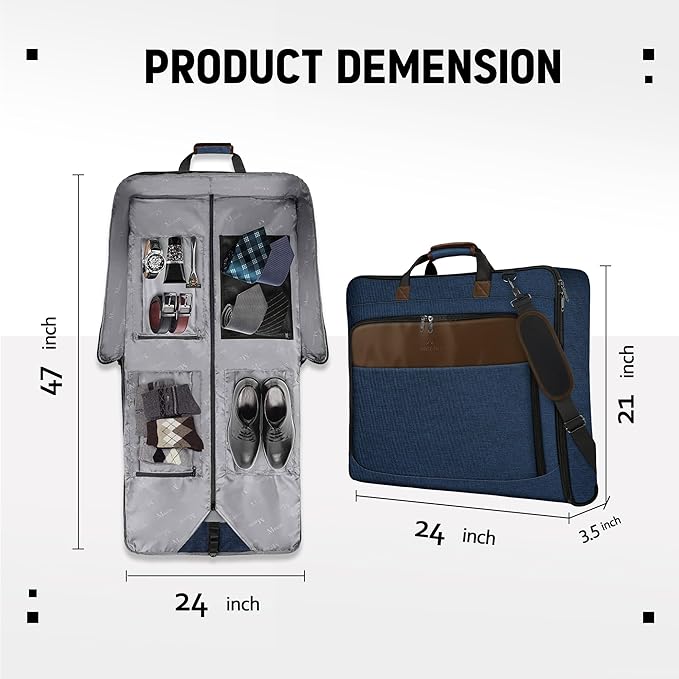MATEIN Travel Garment Bags, Large Convertible Carry On Garment Bag For Men Women, Wrinkle-Free Hanging Travel Suit Luggage with Shoulder Strap, 2 in 1 Suit Carrier Suitcase For Business Trip, Blue