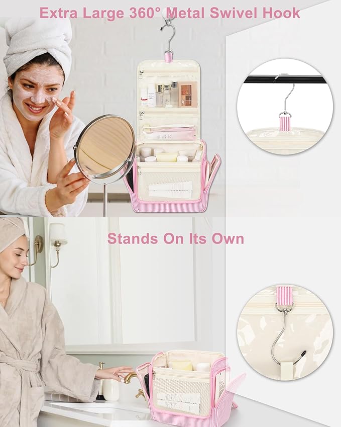 Relavel Hanging Toiletry Bag for Women, Travel Makeup Bag Cosmetic Organizer Toiletries Shower Bag for Travel Essentials, Accessories, Cute Gifts for Girls, Pink