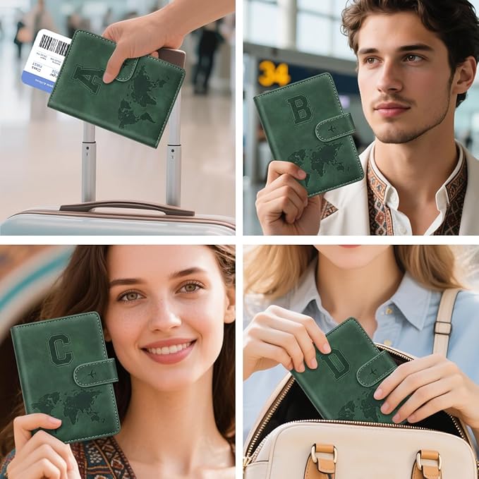 Personalized D Passport Holder Cover Initial Letter Travel Wallet RFID Blocking Passport Cover Credit Card Holder Case Passport Book Holders for Women and Men, Pine Green-D