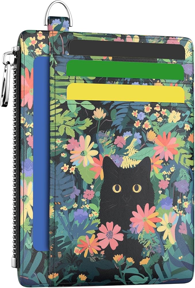 Hancynir Slim Wallet Women Credit Card Holder Flower Black Cat Green RFID Small Mini Card Case Front Pocket PU Leather Thin Travel Zipper Coin Cash ID Window Girls Wallet Gifts