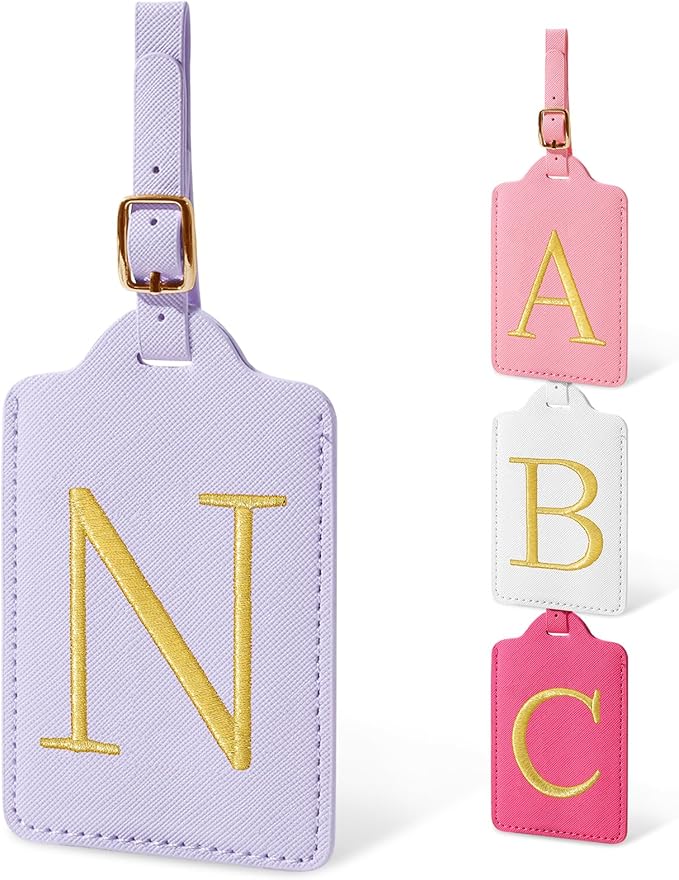 Initial Letter Luggage Tags for Suitcases, Personalized Embroidered Letter Luggage Bag Suitcase Identifier Name Tag, Cute PU Leather Travel Luggage Tags, Bag Tags for Luggage Handbags(Purple N)