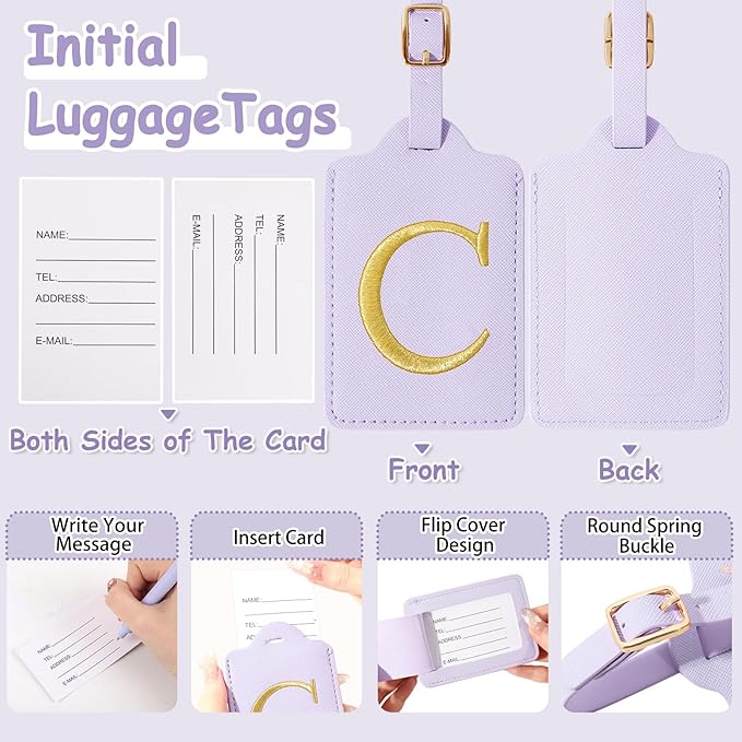Initial Luggage Tags for Suitcases, Cute Embroidered Letter Luggage Bag Suitcase Identifier Name Baggage Tag, PU Leather Travel Luggage Tags, Bag Tags for Men Women Kids Luggage Handbags(Purple C)