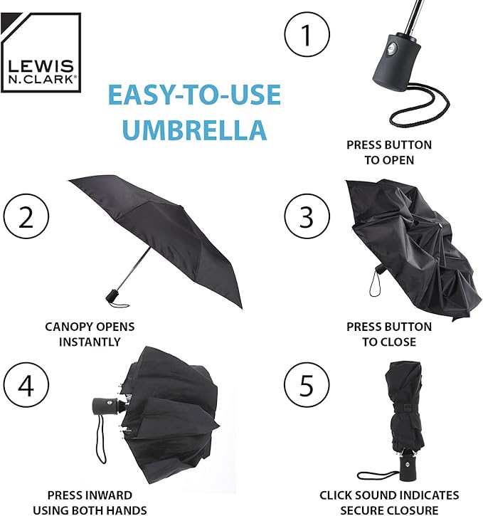 Lewis N. Clark Travel Umbrella: Windproof & Water Repellent Fabric Automatic Open Close , Black