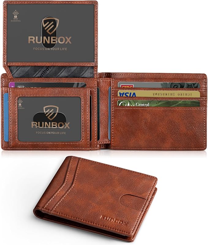 RUNBOX Wallet for Men Slim Rfid Leather 2 ID Window With Gift Box | Slim, Rfid, 2 ID Window, With Gift Box, Slim, Rfid