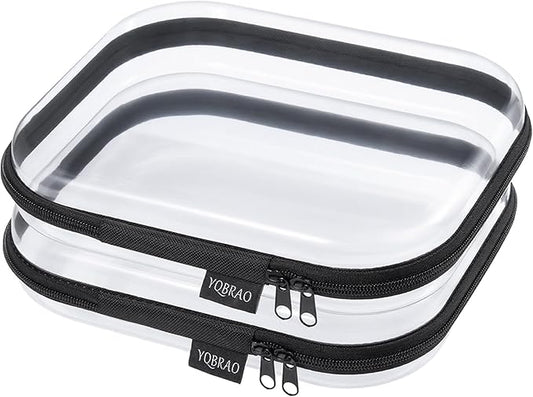 YQBRAO Hard Sided Clear Zipper Case for Storage- Professional-Grade Plastic Clear Zipper Pencil Case,Toy Storage Bins, Toiletry Bags, Travel Organizer（Black,2 Pack, M）