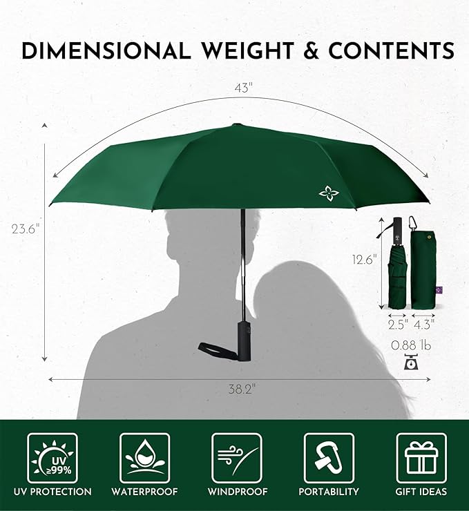 Windproof Travel Umbrella for Rain - 43" Compact Folding Umbrella, Reinforced Strong Frame, Lightweight Portable Parasol with UPF 100+ UV Sun Protection, Cruise Ship Essentials