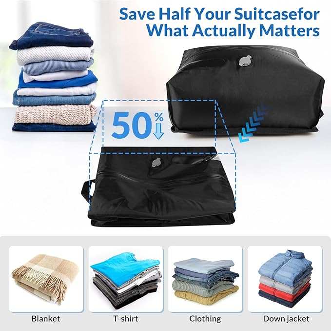 Reusable TPU Travel Vacuum Compression Bags - Waterproof Space Saver Bags for Luggage, Suitcase, Backpack, Storage Organizer (No Pump Required, 2 Pack, Black)
