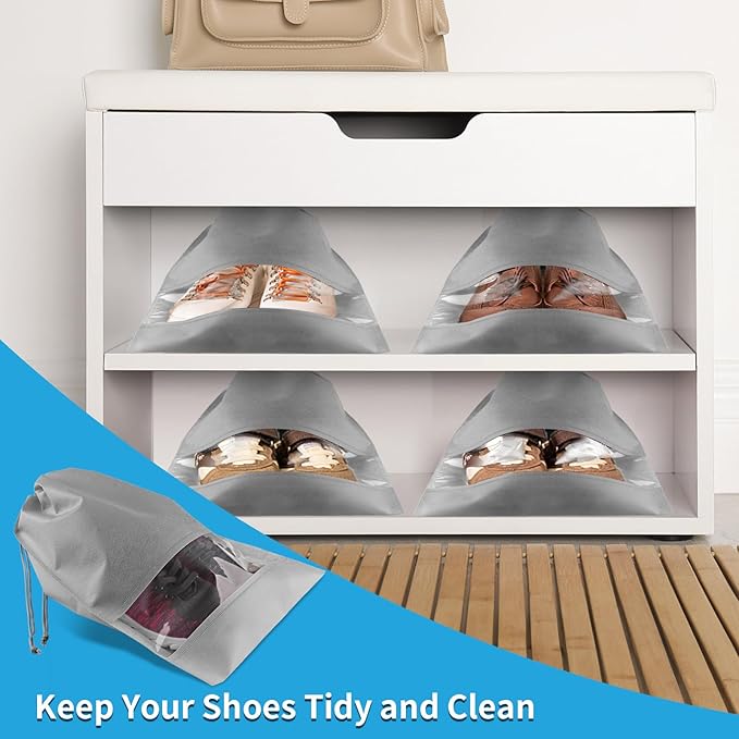 Shoe Bags for Travel, 5 Pcs Large Gray Travel Shoe Bags for Packing, Non-Woven Drawstring Travel Shoe Storage Bag with Clear Window for Men and Women（12.6" X 17.3" ）