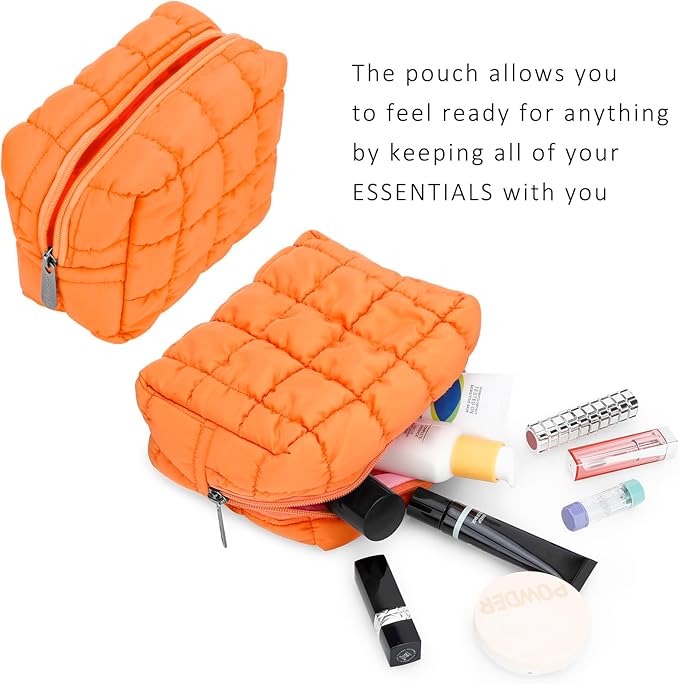 E-Tree Cute Makeup Bag,Quilted Cosmetic Bag,Make up Pouch for Purse,Toiletry Zipper Pouch,Checkered Bag,Travel Case,Storage Pouches for Organization Orange