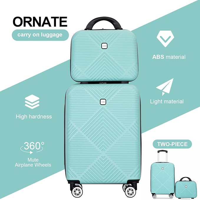 2 Piece Carry on Luggage Set, Airline Approved 20 Inch Luggage with Cosmetic Case HardShell Suitcase with Spinner Wheels, Lightweight Durable Hardside Suitcases Set, Light Blue