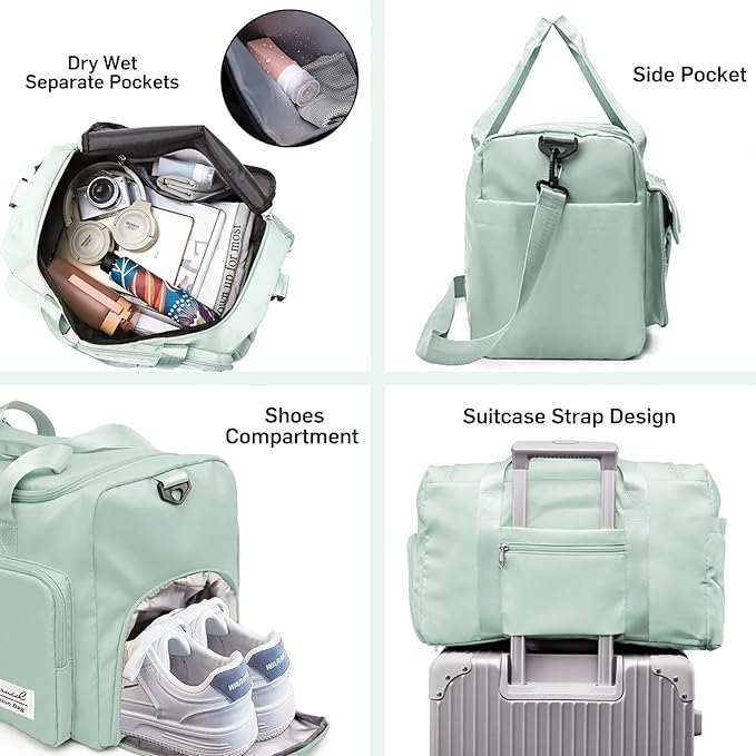 Travel Duffel Bag with Shoes Compartment Sports Gym Bag with Dry Wet Separated Pocket for Men and Women, Overnight Bag Weekender Bag Training Handbag Yoga Bag - Light Green