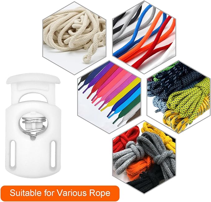 CooBigo 10 Pack Plastic Spring Cord Locks for Drawstring Paracord, Cord Stopper Toggle Clasps for Sweatpants Hoodie Gloves Hats Swim Goggles String Clip Elastic Shoeslace String Lock White