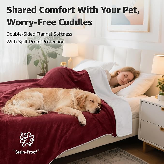 LOOBANI Waterproof Blanket for Bed: Reversible Soft Flannel Twin Bed Blanket 60" x 80", Leakproof Throw Spill-Proof Dog Pet Blanket for Couch, Sofa Protect, Movie Time, Camping, Travel, Red
