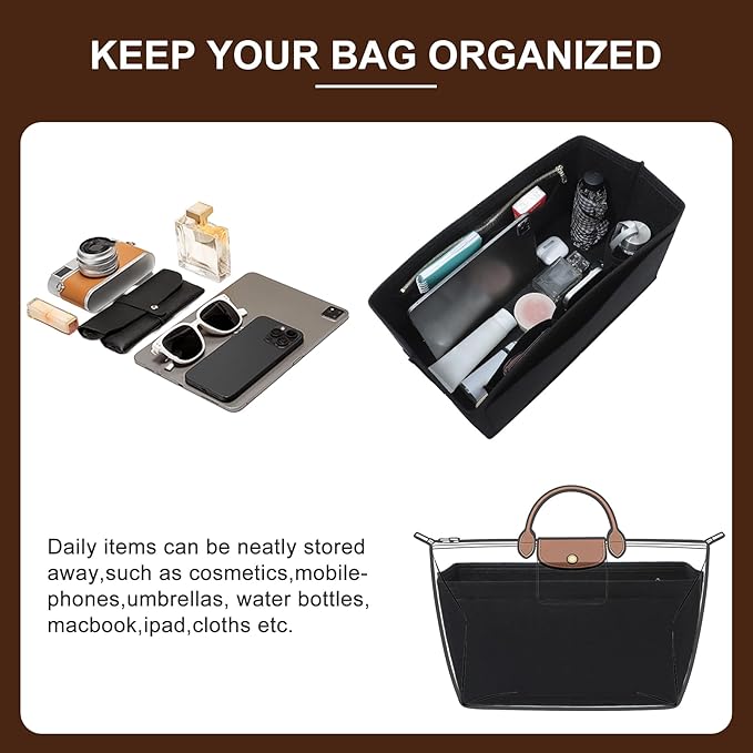 Doxo Felt Purse Organizer Insert for Longchamp Le Pliage L Travel Bag, Longchamp Orgainzer Insert Large with 9 Compartments and Zipper Water Bottle Holder, Fits Long Champ Large Bag (LT, Black)
