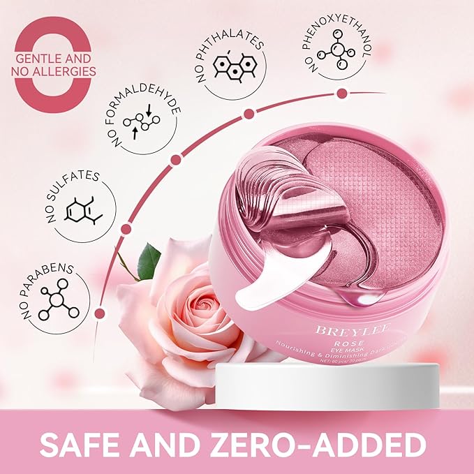 BREYLEE Flamingo Pink Eye Mask–60 Pcs-Puffy Eyes and Dark Circles Treatments–Look Younger and Reduce Wrinkles and Fine Lines Undereye, Improve and Firm eye Skin-Pure Natural Material Extraction