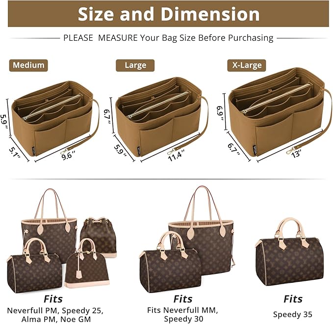 OPPOSHE Purse Organizer Insert for Handbags, Softened Felt Bag Insert Organizer for Tote, Compatible with LV, Coach, MK, Kate Spade, Goyard, Longchamp (Brown, Small)