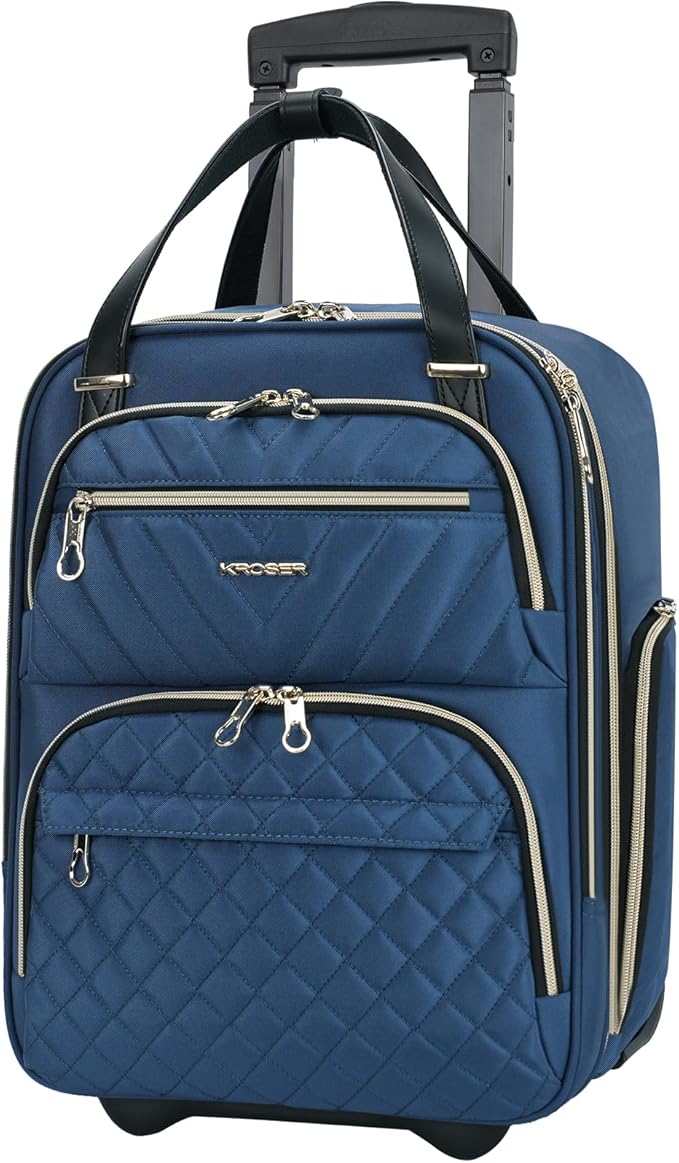 KROSER Carry On Underseat Multi-functional, 16-inch Underseater Lightweight Overnight Suitcase for Men Women, Haze Blue/Gold