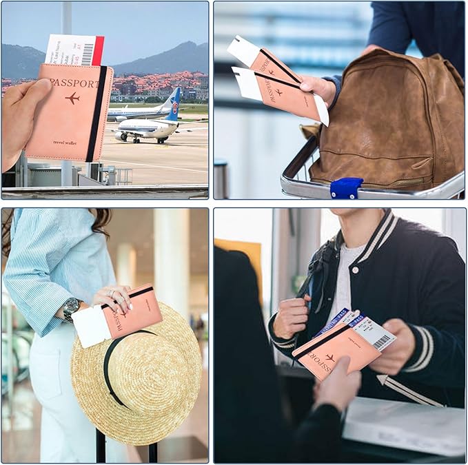 Passport Holder, Passport Cover with Credit Card Slot and Boarding Pass Slot Combo, Passport Wallet Case Book Travel Must Have, RFID Blocking Leather Travel Accessories, Pink