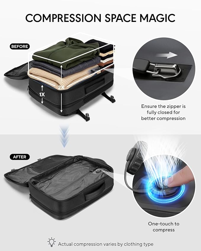 Dinictis Vacuum Seal Travel Backpack 60L Built-in Pump, Expandable Backpack with Vacuum Compression Fits 17 inch Laptop, Water Resistant Carry On Suitcase Luggage for Short Trip and Business-Black