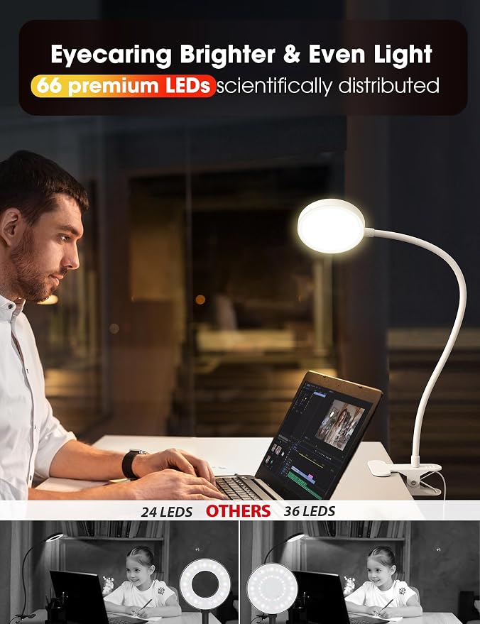 LiFMIRA Bed Lamp Clip on Light 8W 66 LED Reading Light for Bed White | 5 Colors 10 Brightness Dimmable, Eye Caring Metal Reading Lamp, Clip lamp for Bed Headboard Desk Home Office Dorm