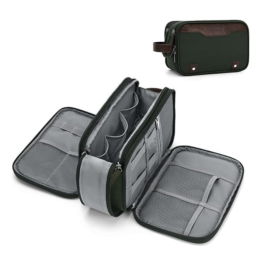 Wedama Toiletry Bag for Men, Medium Hanging Travel Toiletry Bag, Extra Electronic Organizer Bag Waterproof Shaving Bag for Toiletry with PU Handle for Travel Business Trips Swim Camping, Green+ Brown