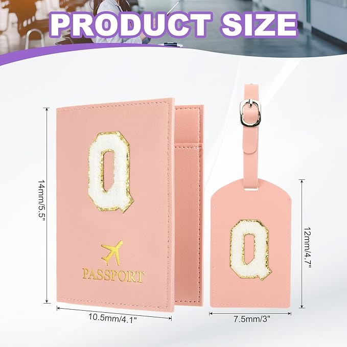 PATIKIL Passport Holder for Travel, Initial Passport Cover and Luggage Tag Set with Alphabet Chenille Letter Patch Travel Wallet Bag Suitcase Identifier for Women Family Travel Pink Q
