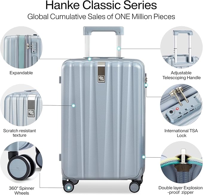 Hanke 24 Inch Expandable Checked Luggage Lightweight PC Hard Shell Luggage Suitcases with Wheels Travel Luggage Rolling Large Suitcase Travel Luggage Bag for Go to University.(Gray)