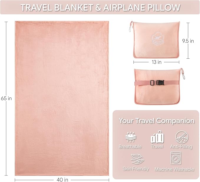 Travel Blanket, Soft 2-in-1 Airplane Blanket, 65x40 Inches, Travel Essentials Car Blanket with Luggage Sleeve & Backpack Clip (Peachy Pink)
