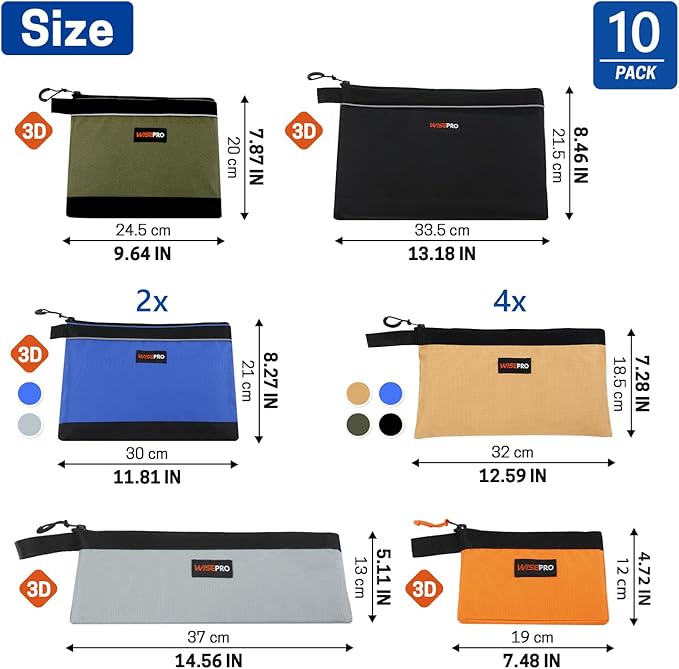 Zipper Tool Pouches, Multi-Purpose Utility Tool Bags Organizer for Small Hand Tools, Screws, Nails, Hardware, Pliers & Wrenches, Storage Pouch Set for Electricians, Plumbers, HVAC & Mechanics