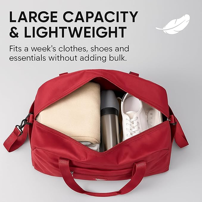 Folding Duffle Bag for Travel – Large Capacity Waterproof Oxford Cloth Weekender Carry On Tote with Crossbody strap, Lightweight Foldable Gym and Overnight Bag (2, Balck+Red, Large)