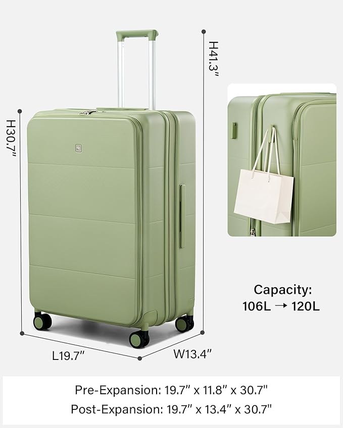 Hanke Hardside Expandable Large Checked Luggage, 28 Inch Top Opening Trunk Luggages with Spinner Wheels, All-PC Hard Shell Suitcase, Lightweight TSA Approved (Bamboo Green, 120L)