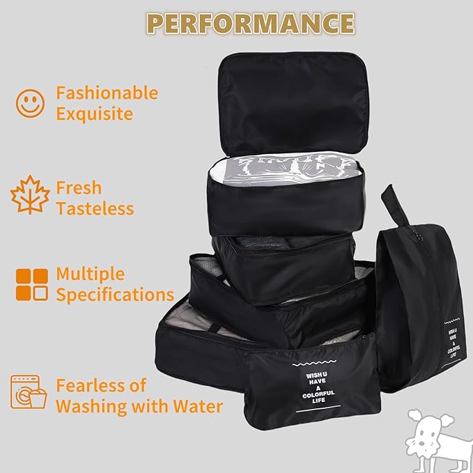 9 Set Packing Cubes for Travel Essentials, Suitcase Organizer Bags for Airplane Road Trip Camp - Black